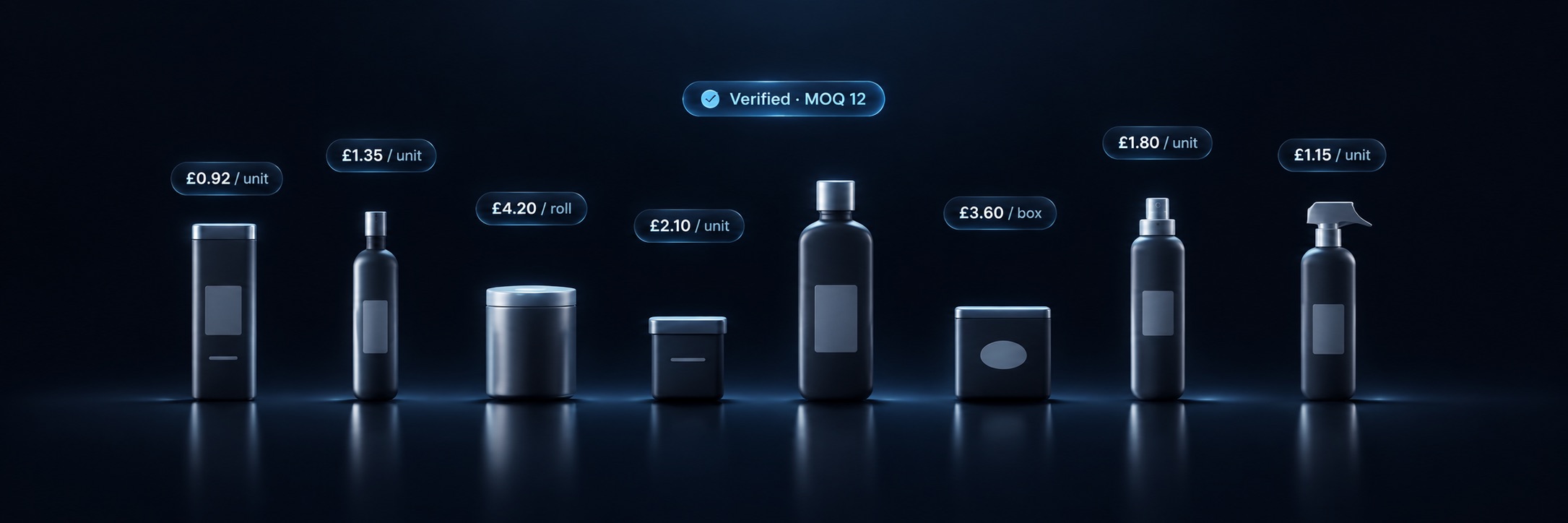 Eight everyday products on a shelf — toothpaste, washing-up liquid, bin bags, face cream, mouthwash, gloves, a water bottle and a surface spray — each with the trade price GSAi found floating over it.